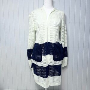 POL Cream and Navy Blue Cardigan Sweater with‎ Hoodie Bold Stripes Size S